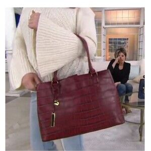 G.I.L.I. Genuine Leather East West Croco Embossed Shopper Tote Garnet Burgundy